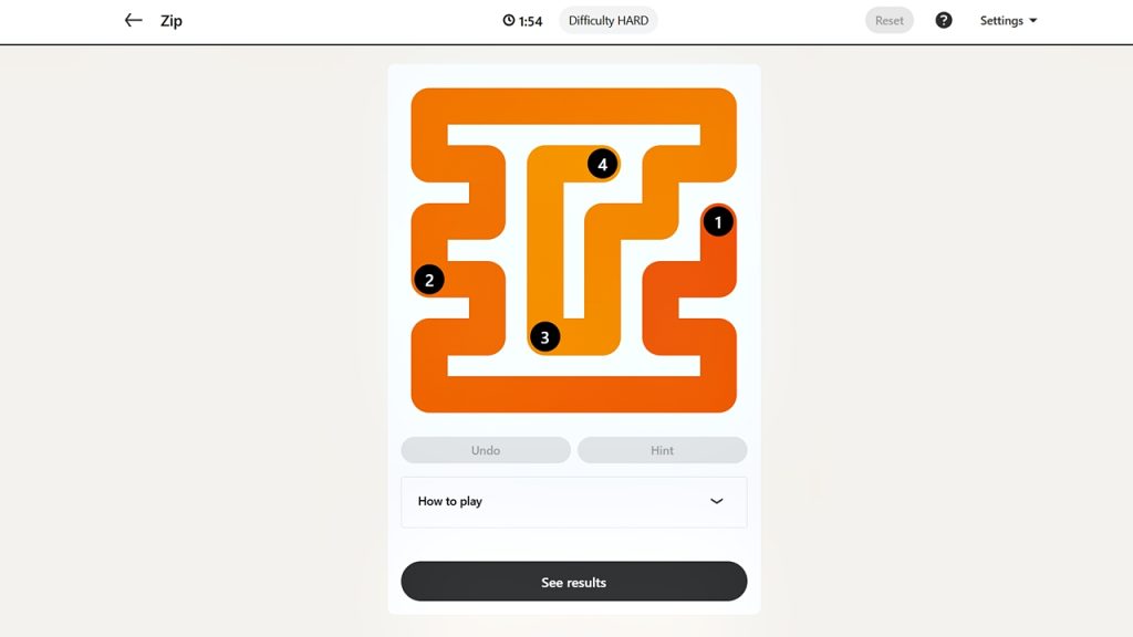 A screenshot of the LinkedIn Games Zip puzzle solution today.