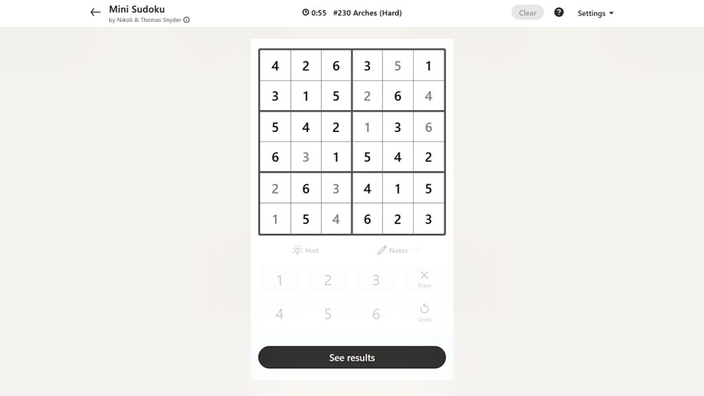 A screenshot of the LinkedIn Games Mini Sudoku solution today.
