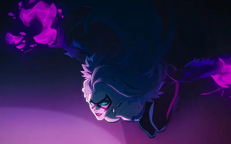 Release Date and Everything We Know So Far 5 Marvel Rivals Season 7 trailer scene showcasing Black Cat's acrobatic prowess as her hands glow purple.