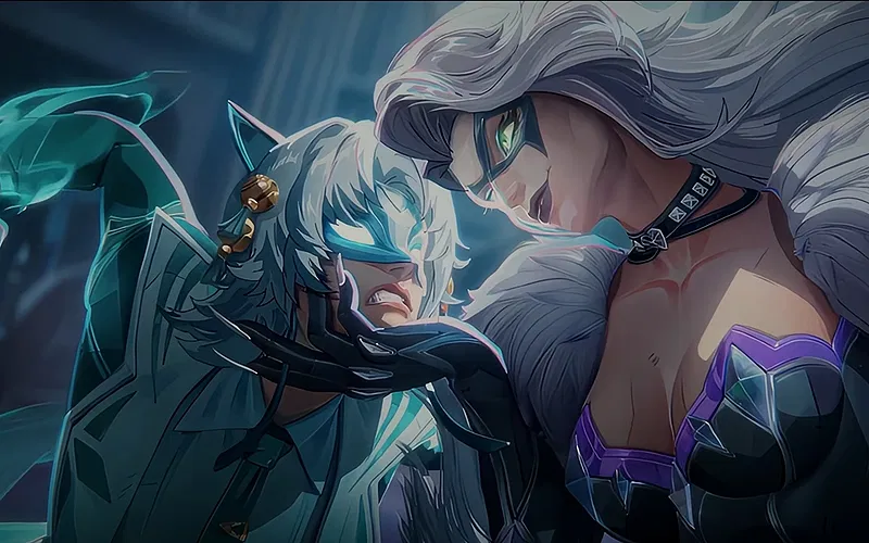 Release Date and Everything We Know So Far 4 A close-up of Black Cat holding White Fox by her chin in a Marvel Rivals trailer scene.
