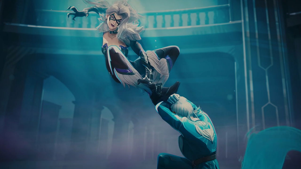 An action shot in Marvel Rivals Season 7 trailer, showing Black Cat pouncing on White Fox to deliver a flurry of melee attacks. 