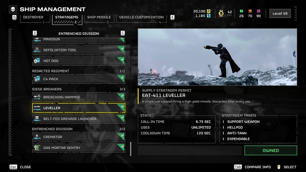 Top 5 Best Helldivers 2 Stratagems to Take Down Dragonroaches 2 Helldivers 2 in-game screenshot showcasing an overview for the EAT-411 Leveller stratagem.