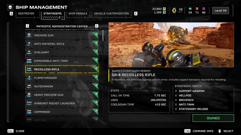 Top 5 Best Helldivers 2 Stratagems to Take Down Dragonroaches 4 Helldivers 2 in-game screenshot showcasing an overview for the GR-8 Recoilless Rifle stratagem.
