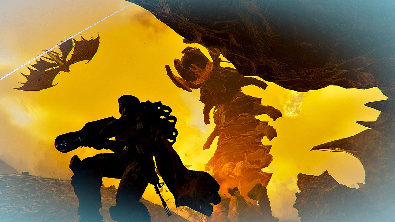 What It Was and What to Expect 15 Helldivers 2 gameplay screenshot shows a player traversing Terminid Hive World structures, with a flying Dragonroach and a massive Hive Lord enemy visible in the distance.