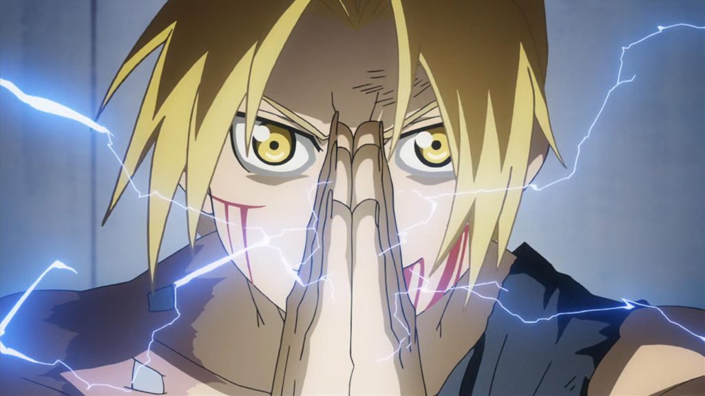 Edward is shown performing alchemy by clapping his hands together, activating his unique ability. 