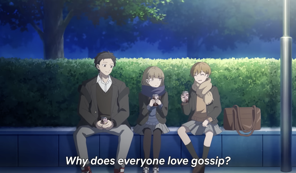 a still of youta smiling fondly as miki and koyuki sits beside him talking from the ramparts of ice official trailer