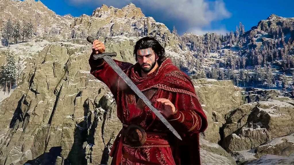 Kliff with red cloth holding sword in snowy mountain in crimson desert