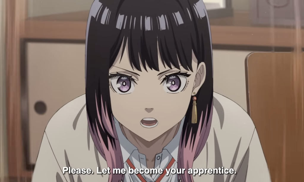 a close up shot of akane osaki expressing her wish to become a rakugo in akane-banashi anime