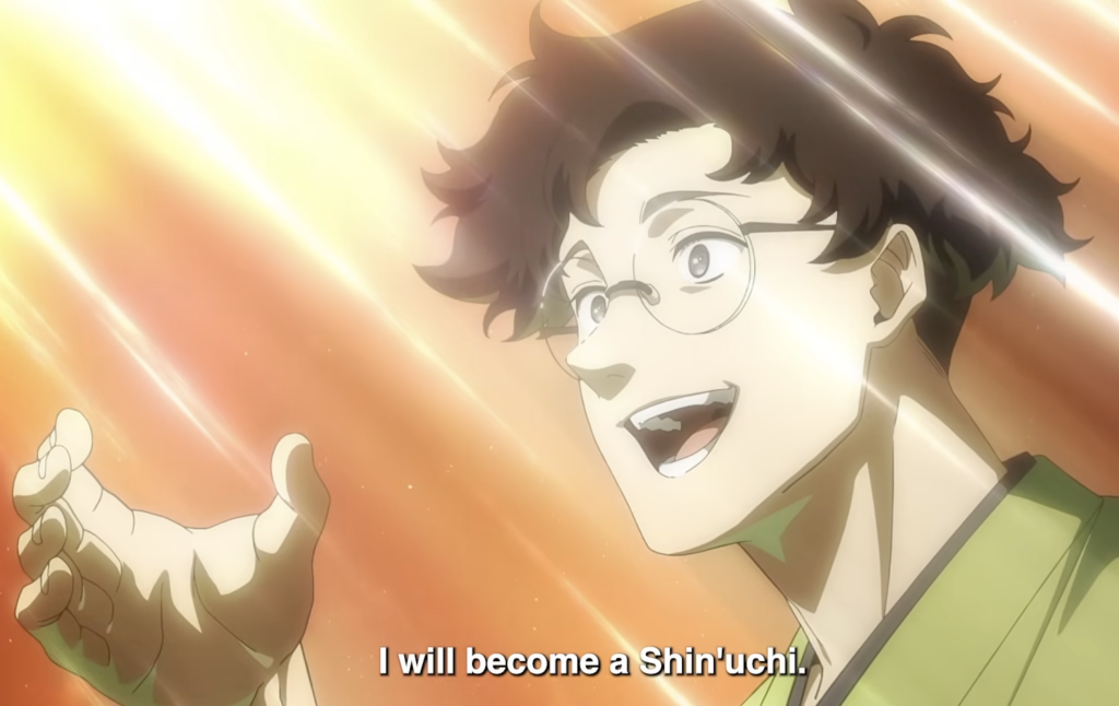 a close up shot of akane osaki's father tohru performing a rakugo in akane-banashi anime episode 1