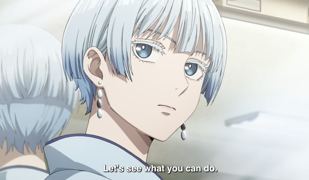 a close up shot of hikaru koragi challenging osaki in akane-banashi anime