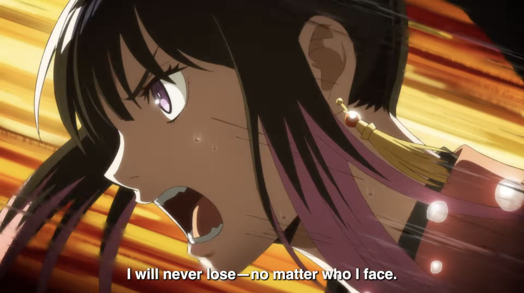 a close up shot of akane osaki declaring that she won't lose no matter what in akane-banashi anime
