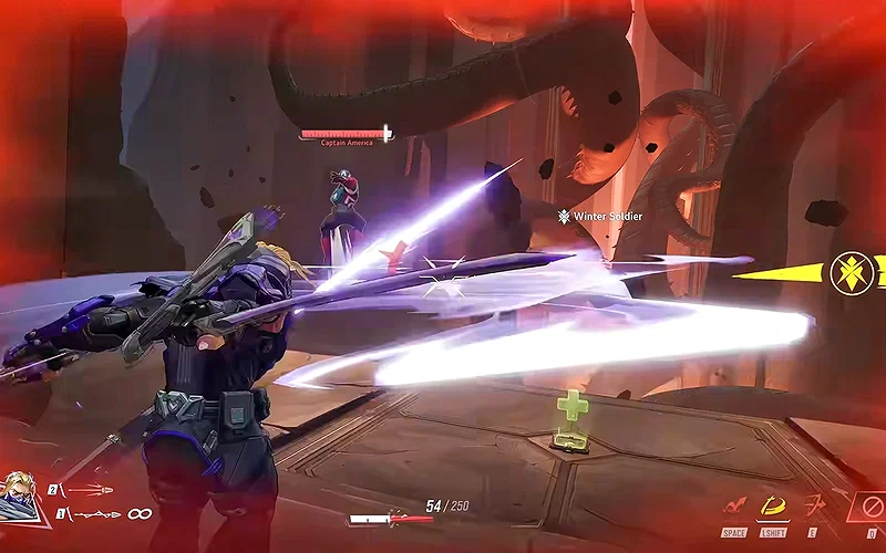 What Is the Pathfinder Program in Marvel Rivals? Requirements and Rewards Explained 7 Marvel Rivals gameplay screenshot shows hero Hawkeye using his slashing ability to knock a Captain America player away.