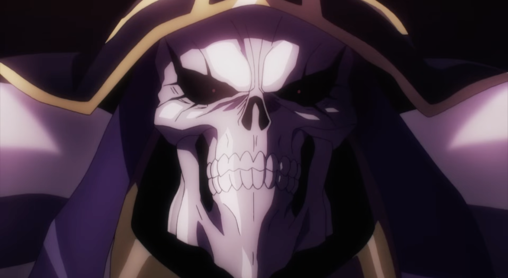 a close up shot of momonga, a skeletal Lich overlord in the overlord anime