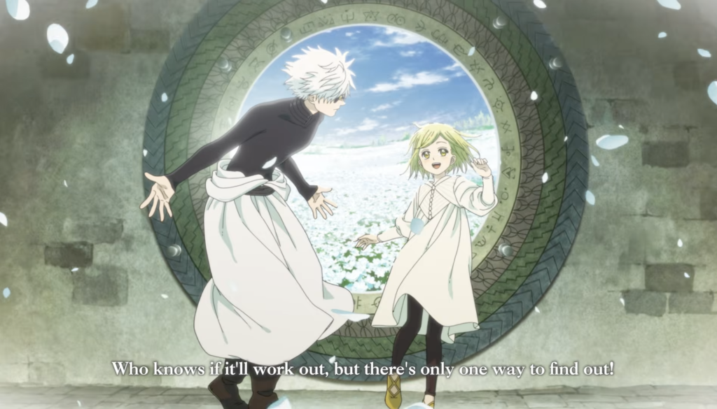 a still shot of qifrey smiling as he looks fondly at coco from witch hat atelier official trailer