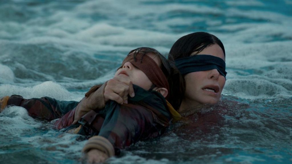 sandra bullock in bird box, wearing a blindfold 