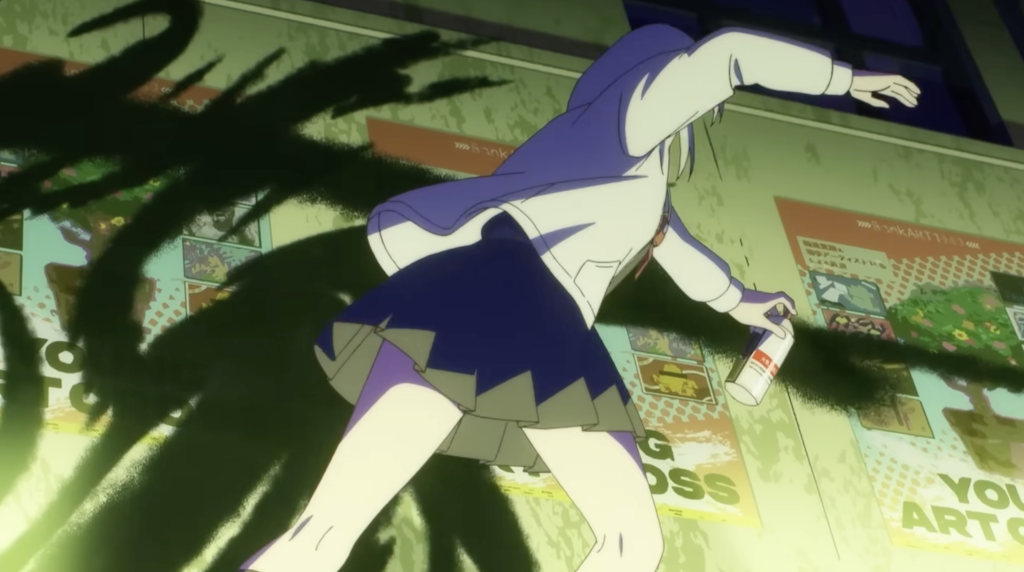 a girl in a school uniform spray painting a wall with black ink eren the southpaw
