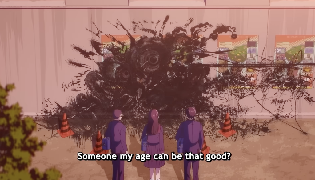 koichi with two other students staring at a massive black ink mural on a school wall in eren the southpaw