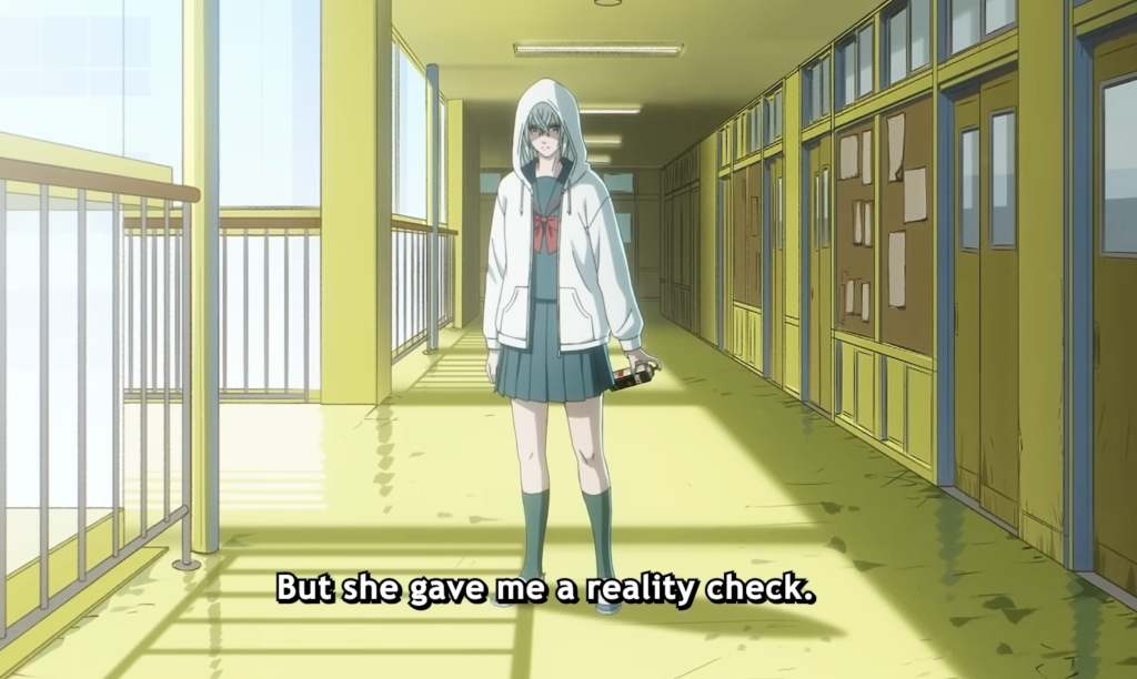 eren stands in the high school corridor in a school uniform, holiding a spray can in eren the southpaw