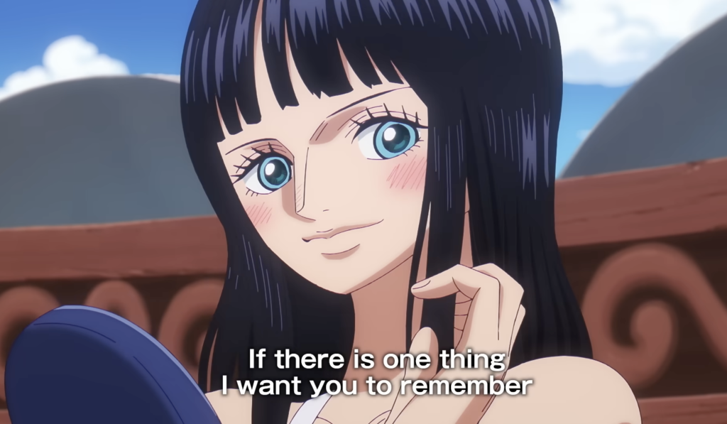 a close up of nico robin holding a hand mirror and smiling gently in one piece elbaf arc