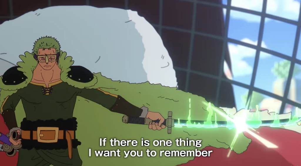 zoro wearing green warrior attire and unsheathing a glowing green katana in one piece elbaf arc