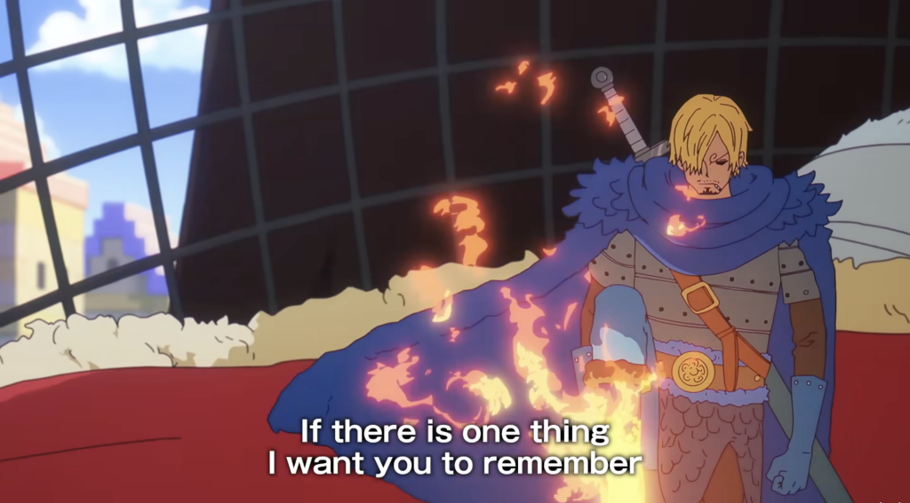 sanji dressed in blue knightly armor with his signature diable jambe fire kicking up in one piece elbaf arc