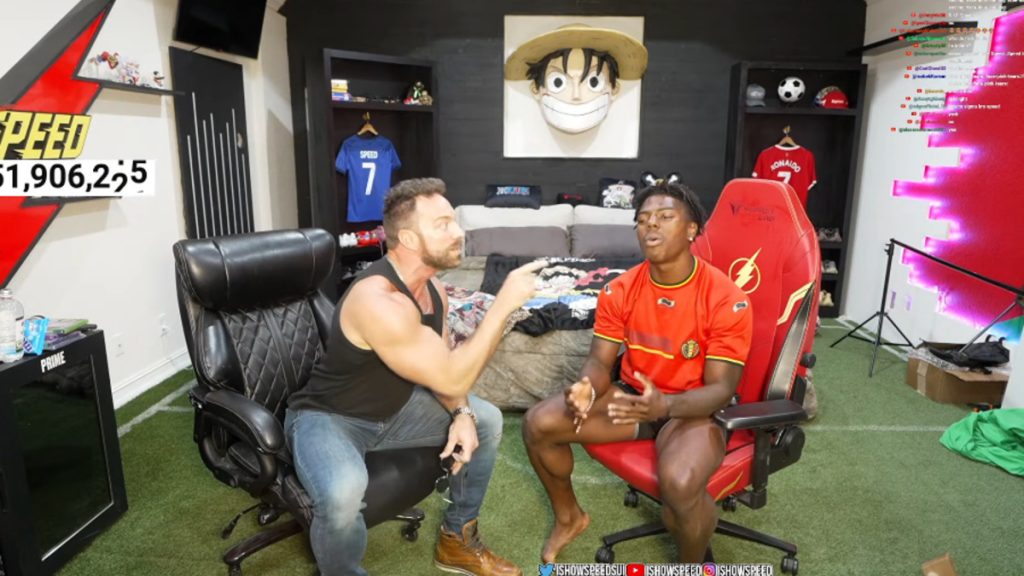 WWE superstar LA Knight confronts streamer IShowSpeed during a live broadcast. 