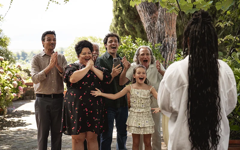 Surprisingly Riveting Rom-Com Breathes New Life into Tired Tropes 28 (from left) Leo (Luca Setaccioli), Francesca (Stella Pecollo), Roberto (Agazio Olanda), Enzo (Tommaso Cassissa), Bella (Beatrice Skyler Rigel), Roberto (Giacomo Giacopini) and Anna (Halle Bailey) in You, Me and Tuscany, directed by Kat Coiro.