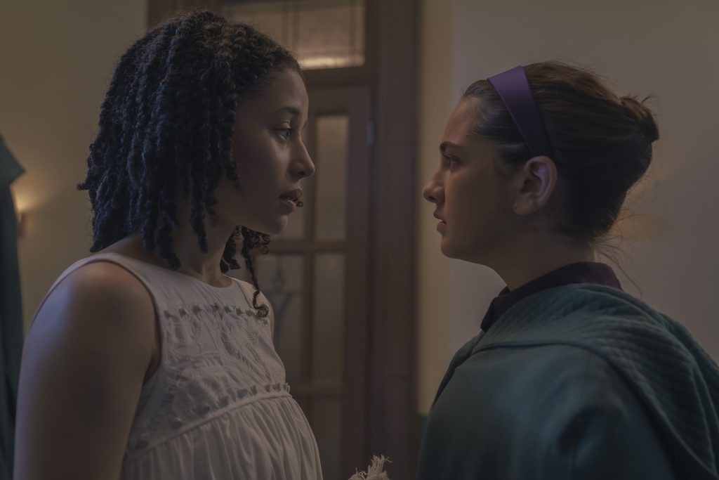 THE TESTAMENTS - “Precious Flowers” - In the halls of Aunt Lydia's premarital preparatory academy, the finest in Gilead, Agnes is assigned to mentor a new Pearl Girl, and a fragile alliance begins. (Disney/Steve Wilkie) CHASE INFINITI, MATTEA CONFORTI