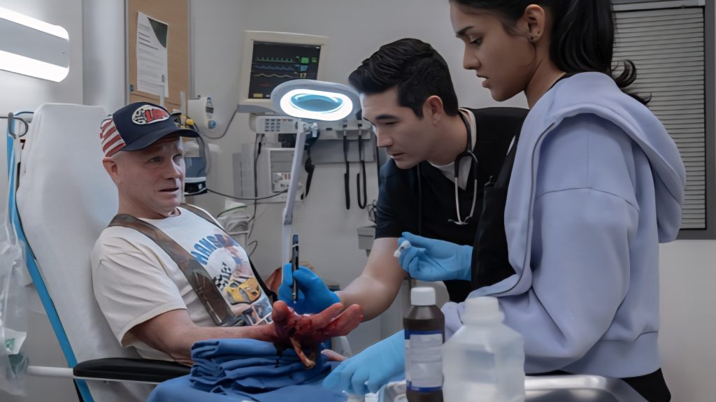 Tony Becker, Ken Kirby, and Shabana Azeez in The Pitt Season 2 Episode 14 (2025) 