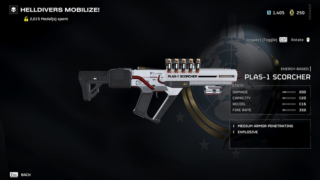 Helldivers 2 in-game screenshot showing the weapon stats of the PLAS-1 Scorcher.