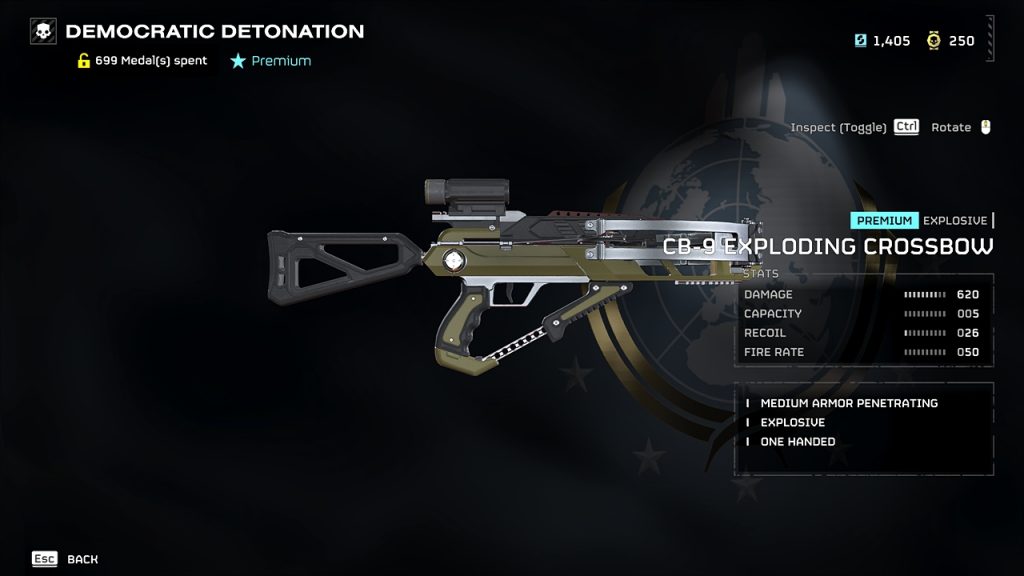 Helldivers 2 in-game screenshot showing the weapon stats of the CB-9 Exploding Crossbow.