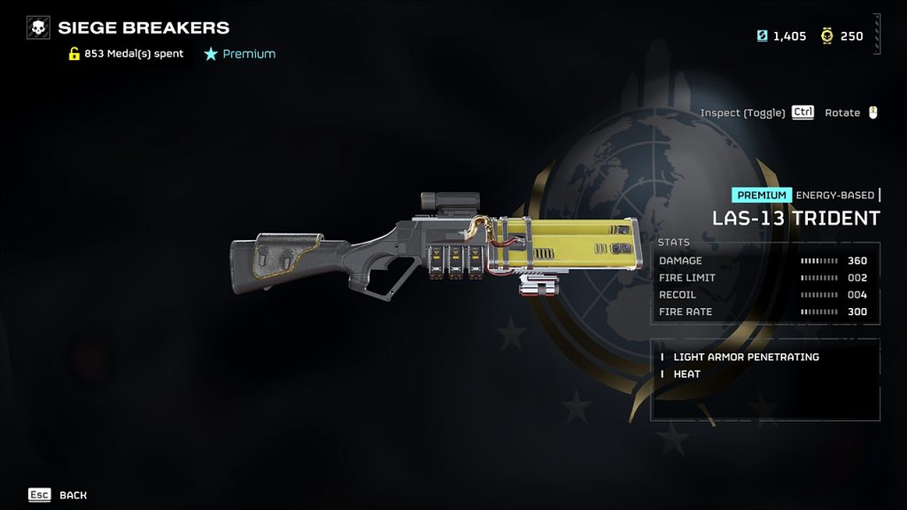 Helldivers 2 in-game screenshot showing the weapon stats of the LAS-13 Trident.