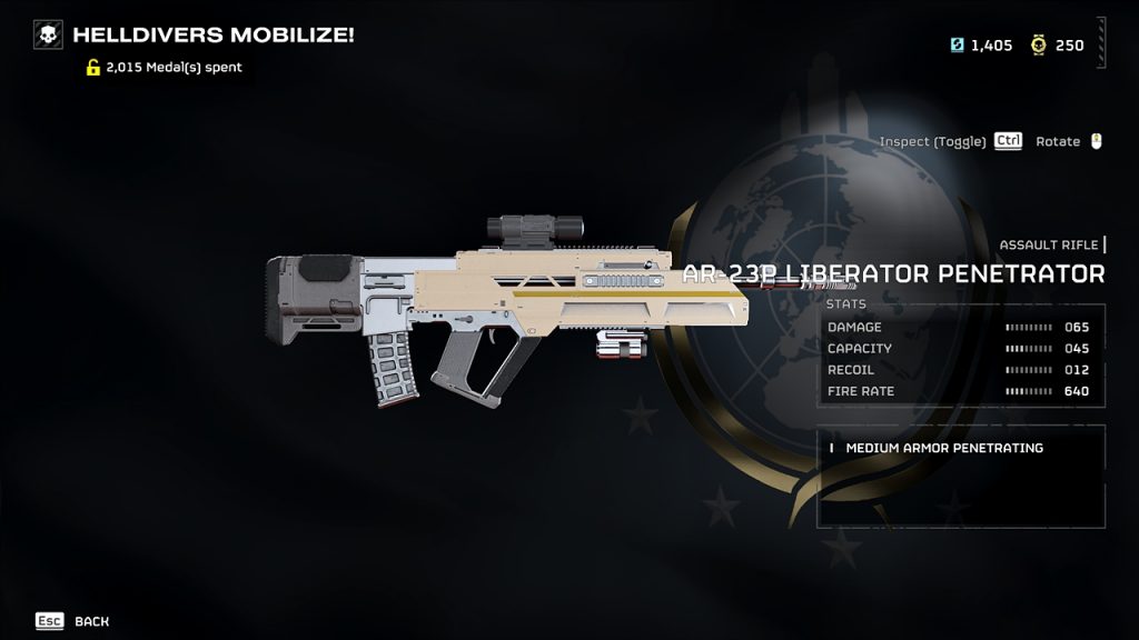 Helldivers 2 in-game screenshot showing the weapon stats of the AR-23P Liberator Penetrator.