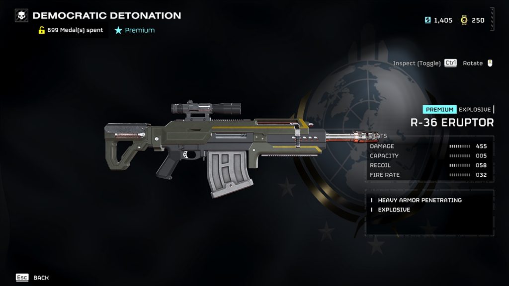 Helldivers 2 in-game screenshot showing the weapon stats of the R-36 Eruptor.