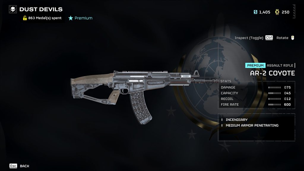 Helldivers 2 in-game screenshot showing the weapon stats of the AR-2 Coyote.