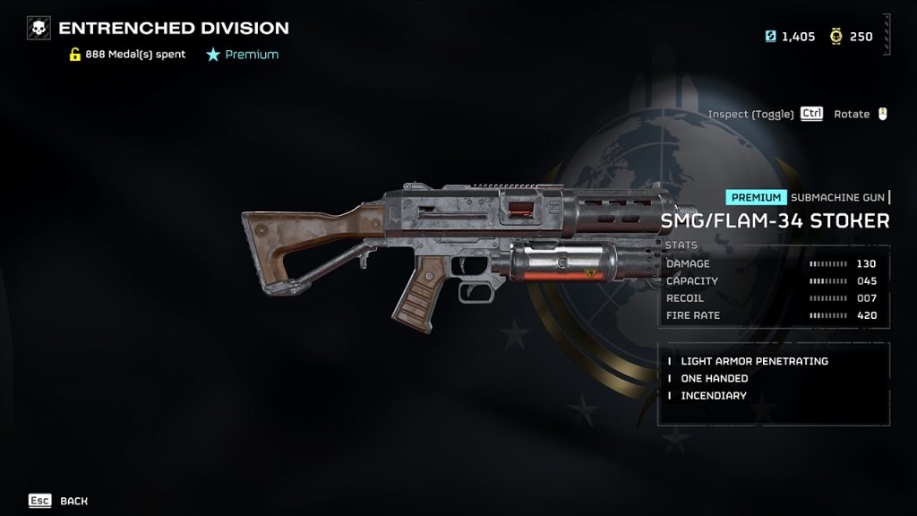 Helldivers 2 in-game screenshot showing the weapon stats of the SMG/FLAM-34 Stoker.