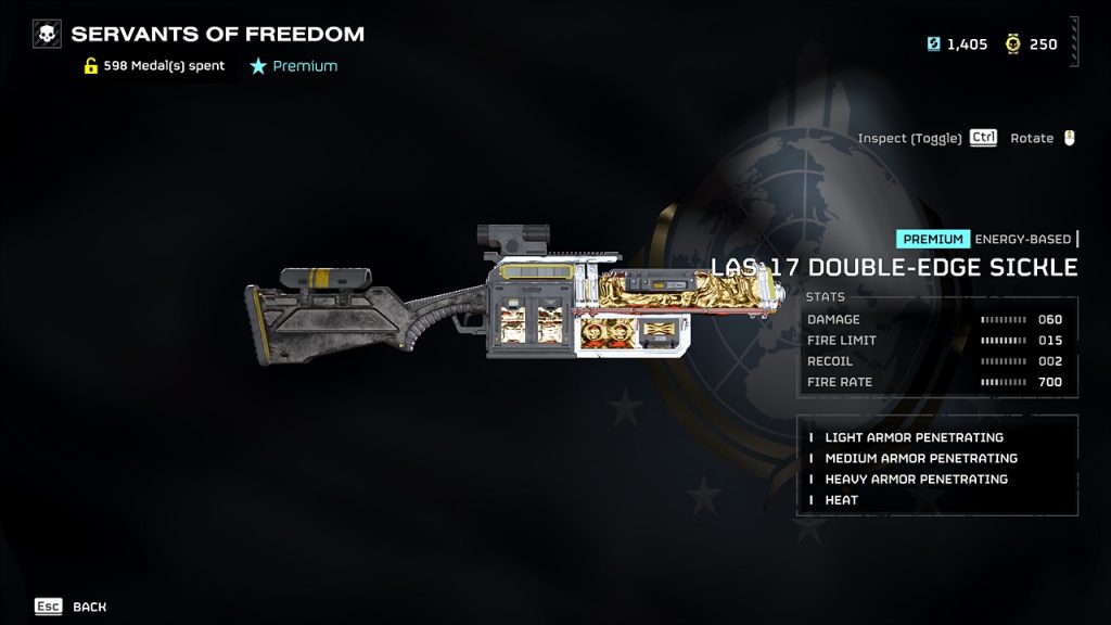 Helldivers 2 in-game screenshot showing the weapon stats of the LAS-17 Double Edge Sickle.
