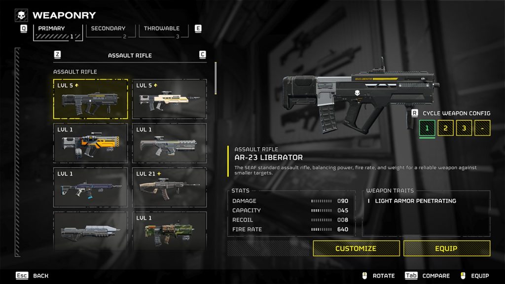 Helldivers 2 in-game screenshot showing the weapon stats of the AR-23 Liberator.