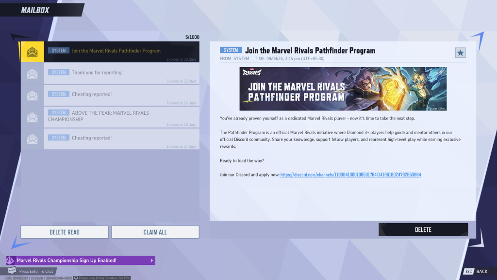 Marvel Rivals in-game screenshot showcasing an official message promoting the "Pathfinder Program."