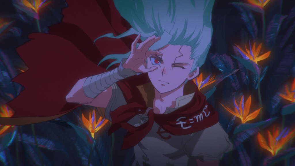 Senku looking at the moon from between his fingers in Dr. stone