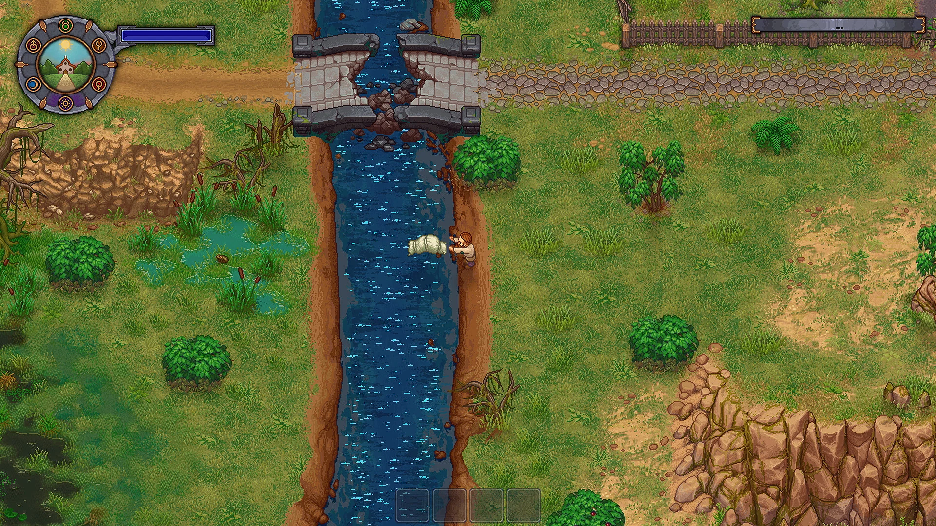How to Get Teleport Stone in Graveyard Keeper? 15 A river near a broken bridge in Graveyard Keeper.