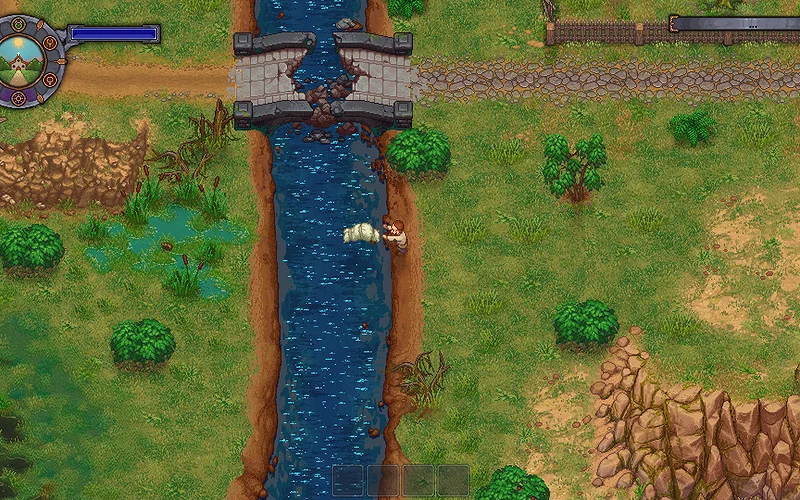 How to Get Teleport Stone in Graveyard Keeper? 5 A river near a broken bridge in Graveyard Keeper.