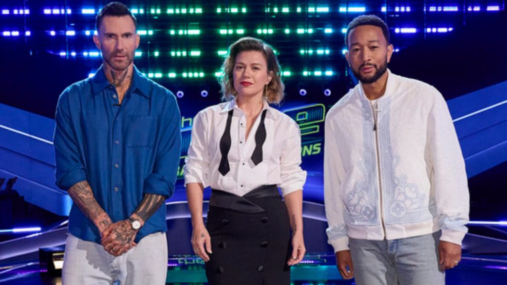 Adam Levine, Kelly Clarkson, and John Legend in The Voice