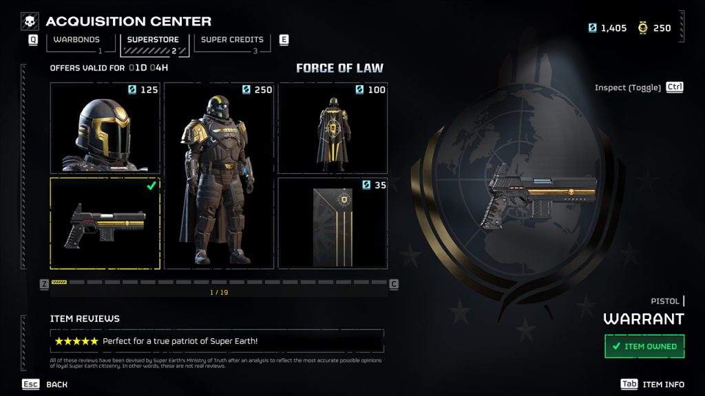 Helldivers 2 in-game screenshot showing the P-92 Warrant pistol available for purchase for a limited time in the Superstore.