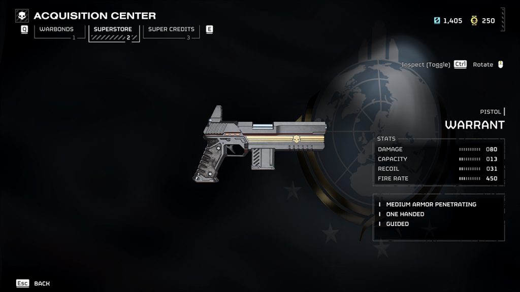 Helldivers 2 in-game screenshot showcasing the weapon stats of the P-92 Warrant pistol.