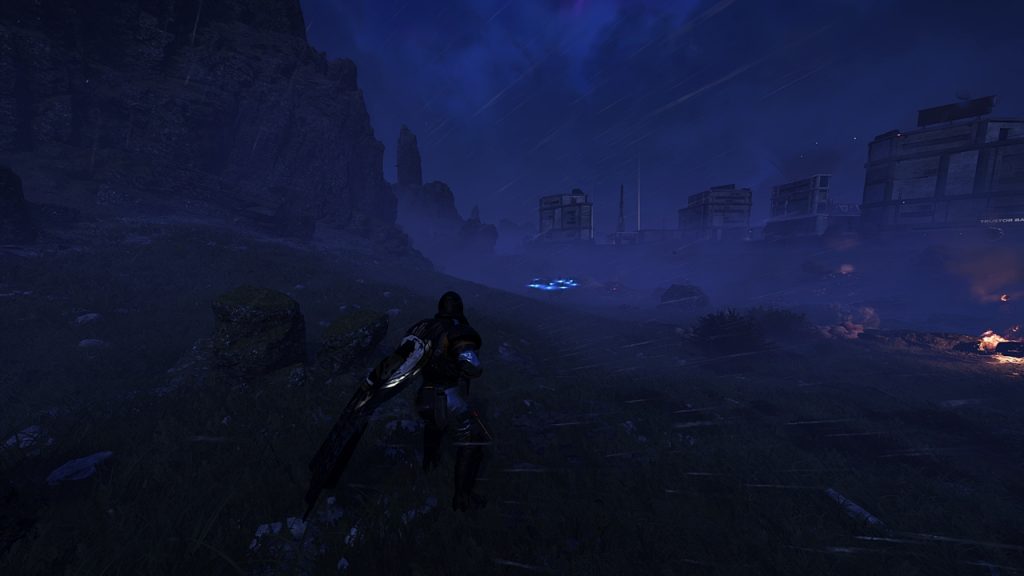 Helldivers 2 gameplay screenshot shows the player in a dark Illuminate planet, with a pack of Obtruder enemies visible in the distance. 