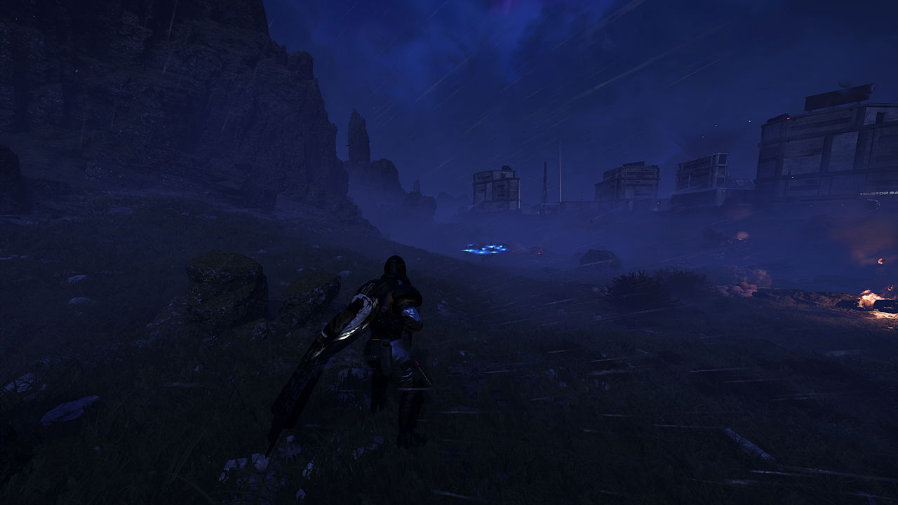 Helldivers 2 gameplay screenshot shows the player in a dark Illuminate planet, with a pack of Obtruder enemies visible in the distance. 