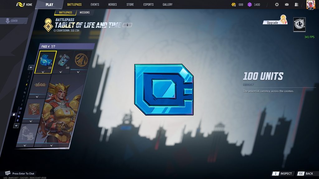 Marvel Rivals in-game screenshot showing a set of 100 Units available for on Page 4 of a Battlepass.