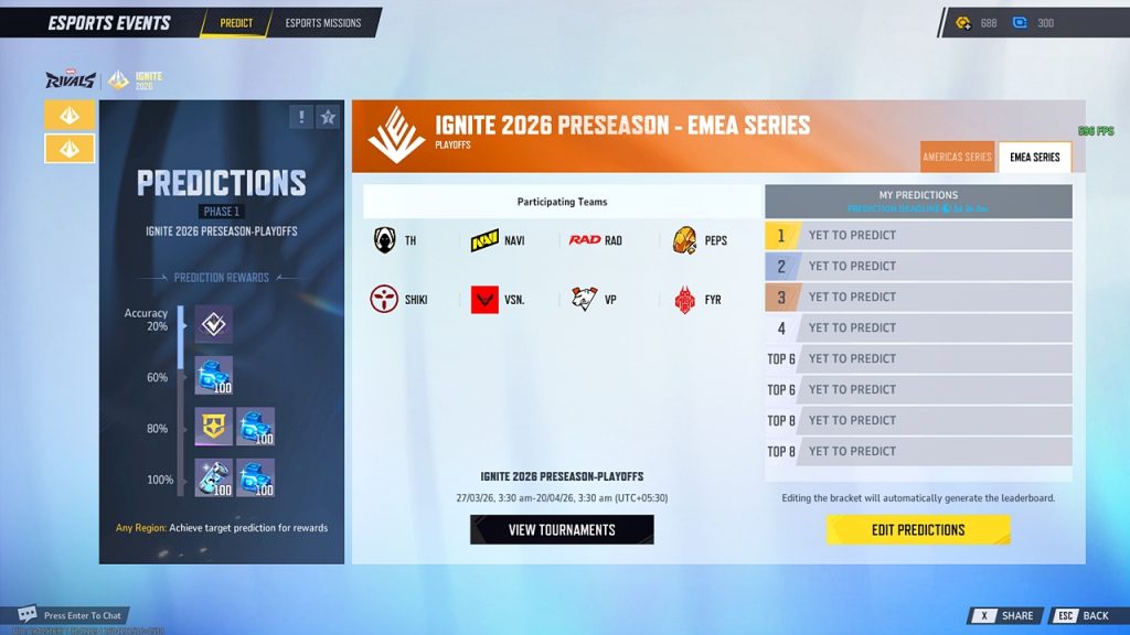 Marvel Rivals in-game screenshot showing the Esports Events menu, with free units on offer for winner predictions.