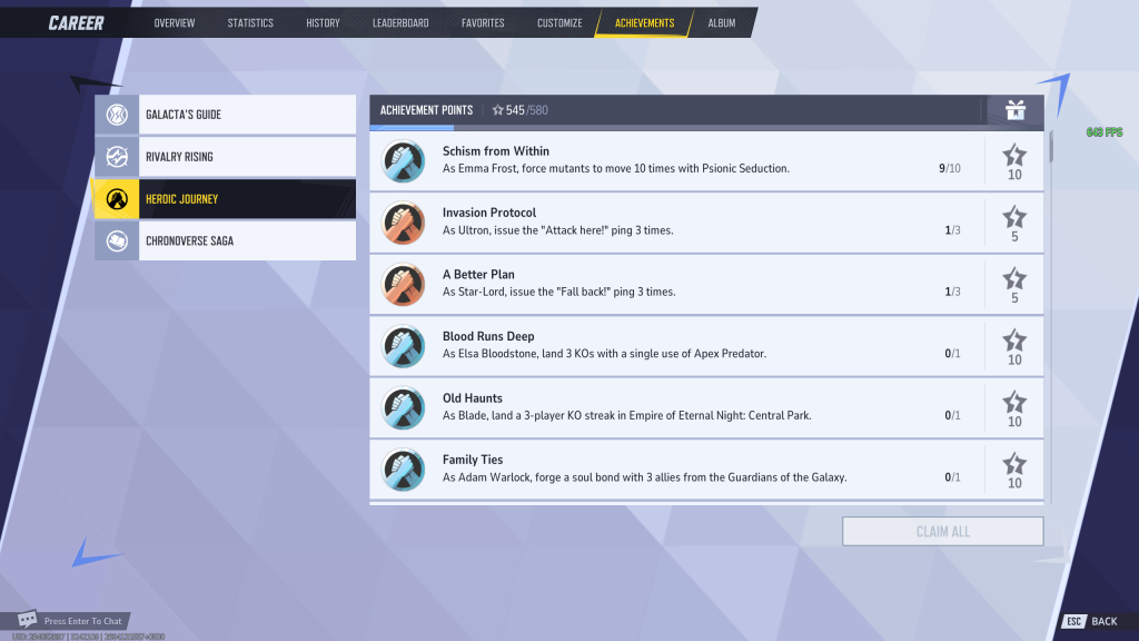 Marvel Rivals in-game screenshot showing the "Heroic Journey" category of Achievements.